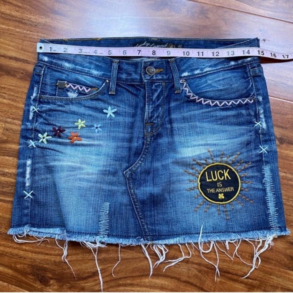 Lucky Brand Y2K Zoe Embroidered Patchwork Denim Mini Skirt Size 00 Boho Western - Picture 14 of 16